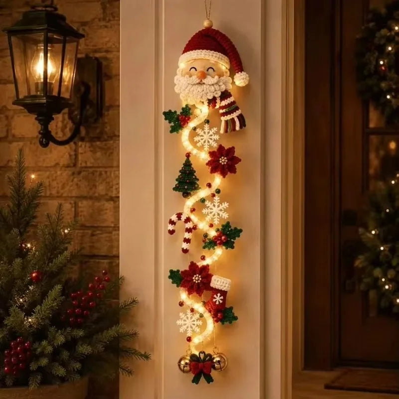 Christmas Door Hanger LED Glowing Handmade Crochet Santa Xmas Tree Bell Ornament Home Wall Front Door New Year Ornaments