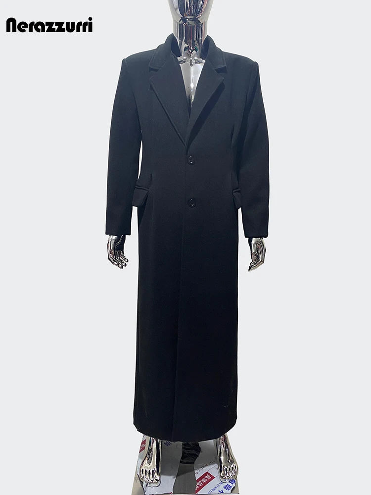 Nerazzurri Autumn Winter Extra Long Luxury Elegant Black Soft Warm Woolen Coat for Men Single Breasted Wool & Blends Overcoat