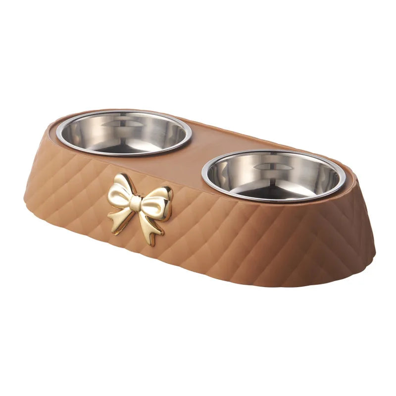 Artículos para mascotas Pajarita Lazo Comida para gatos Cuenco Base de PP Cuenco para perros Acero inoxidable Doble Accesorios para mascotas Comedero Bebedero Doble Cuenco