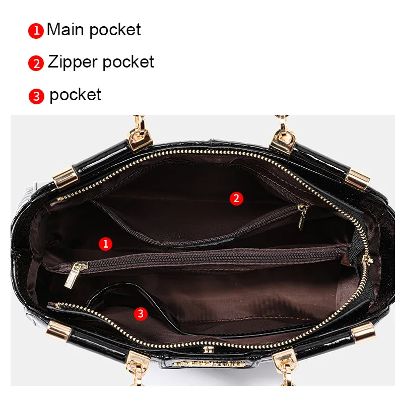 Aidrani New Glossy Croc Pattern Patent Leather Tote Bag Women Braided Handle Metal Chain Crossbody Daily Shoulder Handbag