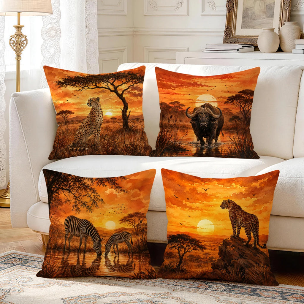 1/4 pcs African Grassland Animals Cushion Covers, Polyester Throw Pillowcases for Home, Car, or Sofa Decor