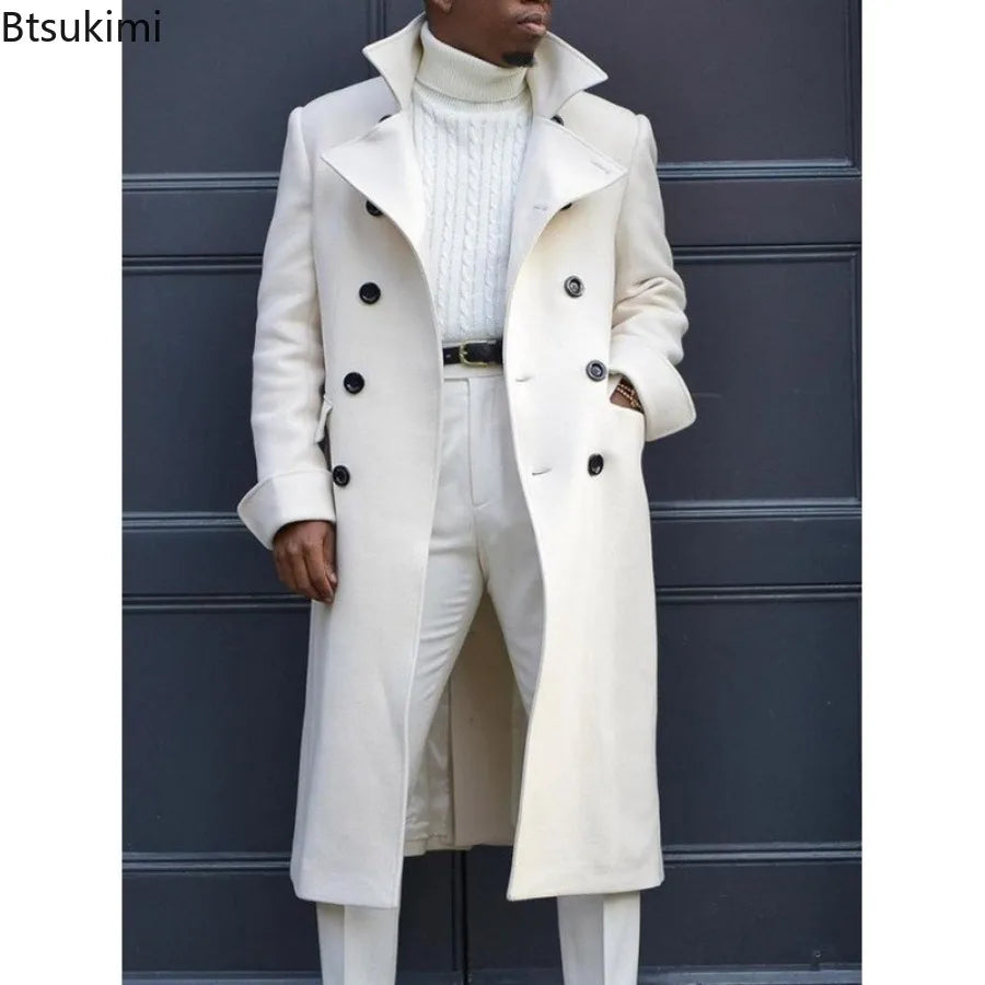 New 2026 Autumn Winter Men's Trench Coat British Style Fashion Slim Fit Double Breasted Overcoats Mid-Length Casual Woolen Coats