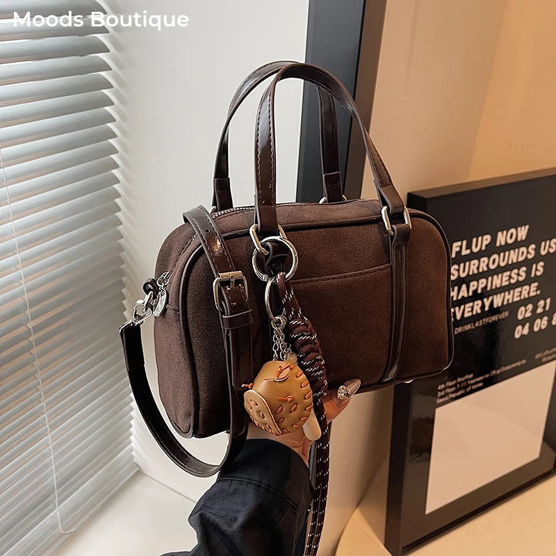 Mini Boston Top-handle Bags For Women PU Suede Pure Color Shoulder Crossbody Bag With Base Ball Pendant 2025 New Luxury Handbags