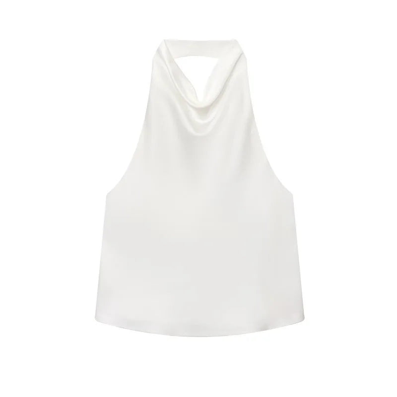 Top satinato da donna con scollo all'americana