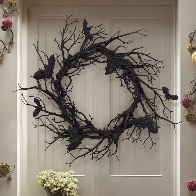 Halloween Artificial Wreath Bat Black Branch Wreaths Wreath For Front Door With LED Light Window Home Decor Halloween Decoration