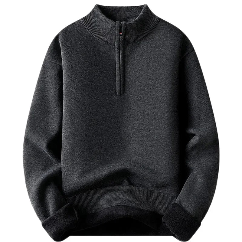 Autumn Winter Fleece Sweater for Men Solid Color Mock Neck Half Zipper Windproof Casual Classic Pullovers Slim Fit Knitwear