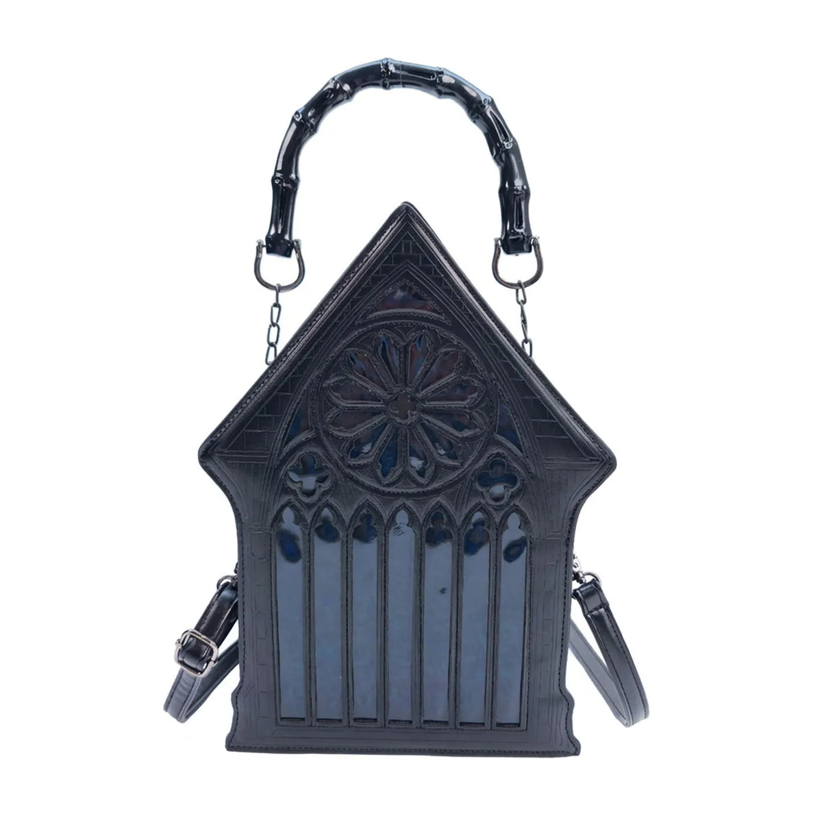 Gothic Cathedral Rose Window Handbag PU Leather Crossbody Bag Bamboo Handle Detachable Strap for Punk Lolita & Halloween Cosplay