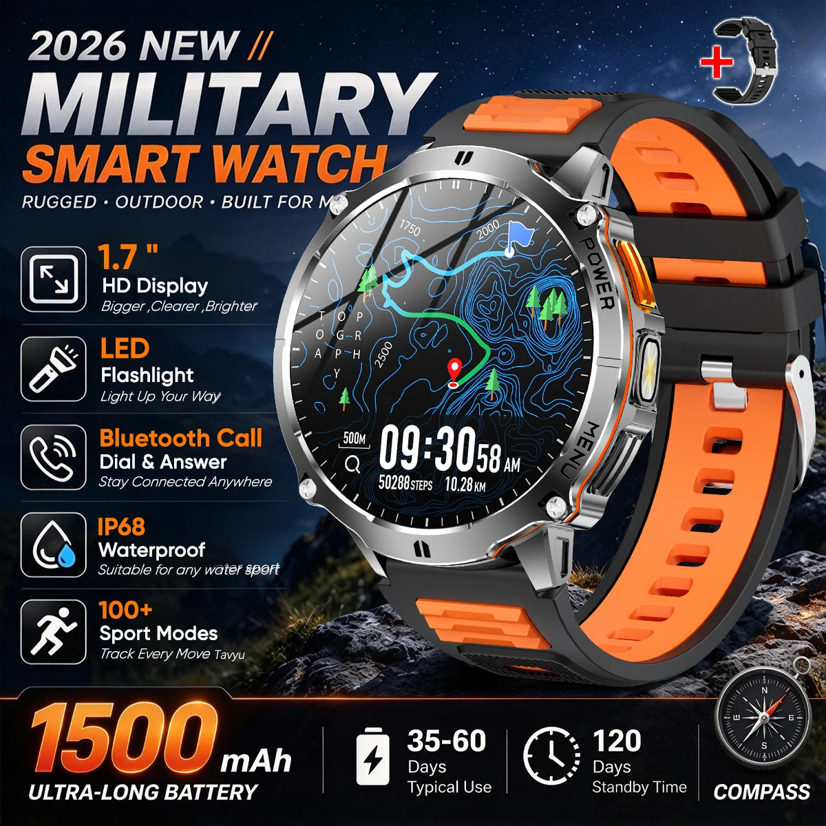 Military T-Rx6 Smartwatch,1.7'AMOLED Screen,150 Day Battery,IP68 Waterproof,Metal,120 Fitness Modes,Flashlight,For Men Women New