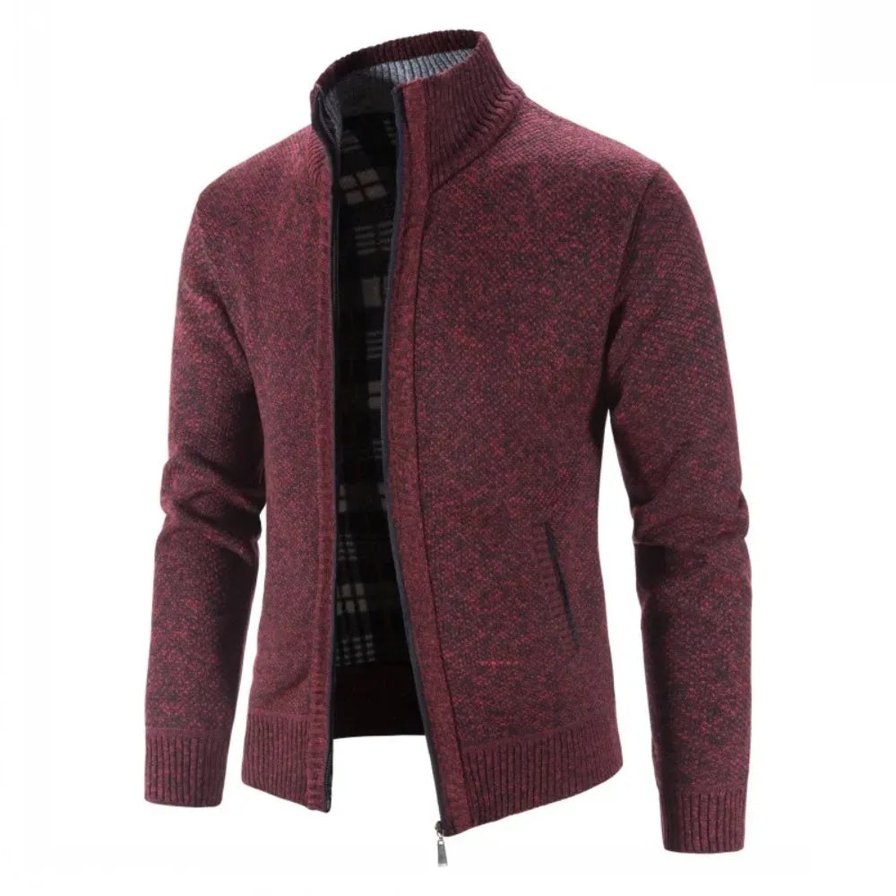 Autumn Winter New Men Trendy Knitted Cardigan Fleece Zipper Sweater Men's Warm Coat Stand-up Collar Solid Color Sweater Cardigan