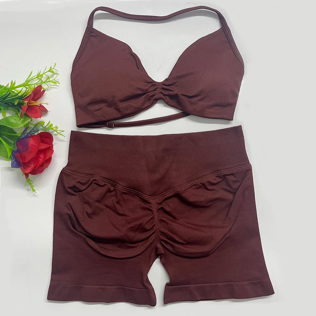 2PCS DF Gym Set Women Strappy Yoga Bra Top Sportswear Workout Scrunch Shorts Sports Suit Seamless Set Fitness Clothes