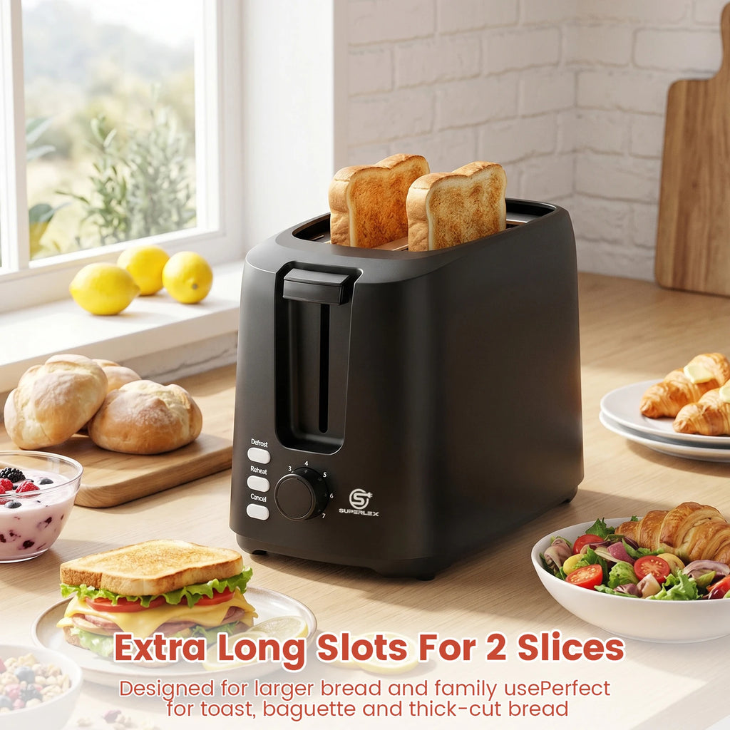 Tostadora SUPERLEX de 2 rebanadas con ranuras anchas, 6 modos, funcionamiento automático y 3 botones, pequeña, de acero inoxidable, para pan