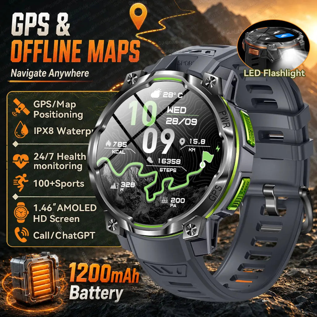 New Outdoor GPS Map Built-in 1200mAh Battery Smart Watch Compass Chat-GPT Bluetooth Call IPX8 Waterproof Sports Men Smartwatches