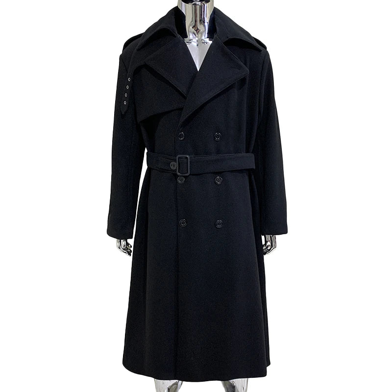 Nerazzurri Autumn Winter Long Oversized Black Warm Woolen Coat Men Belt Chic Luxury Designer Clothes Wool Blends Overcoat 2024