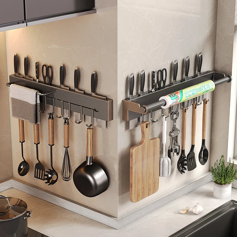 Soporte de acero inoxidable para colgar utensilios de cocina, organizador de pared para cucharas, cuchillos y accesorios de cocina.