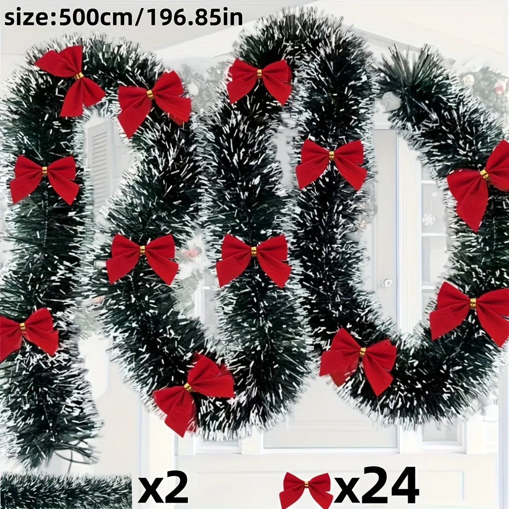 Artificial Christmas Garland Xmas Tinsel Garlands with Bowknot for DIY Wreath Christmas Tree Ornaments New Year Home Table Decor