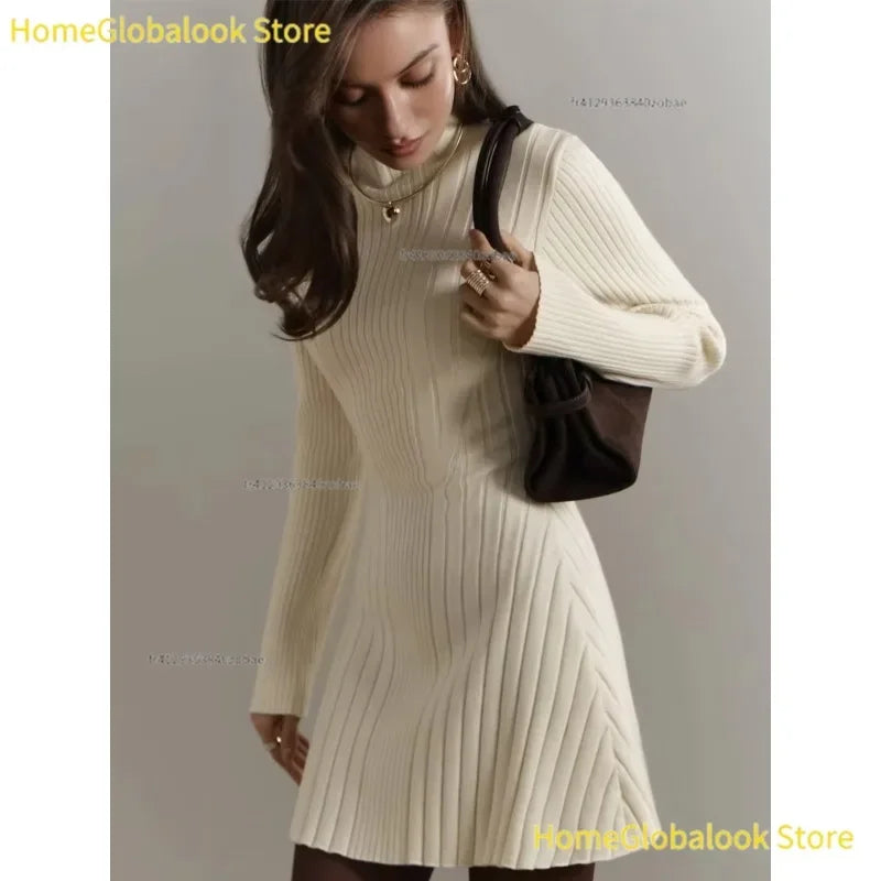 Damen-Strickkleid für den Frühling, langärmlig, mit halber Stehkragen und A-Linien-Rock, eleganter und verspielter Stil, weiches Strickkleid, leichtes, lässiges Strickoutfit für Alltag, Partys, Verabredungen und Büro