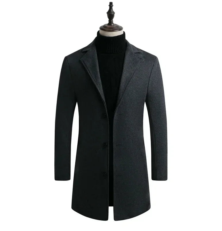 Men Long Cotton Coat 2026 Autumn Winter Wool Blend Pure Color Business Casual Slim Fit Windbreaker Jacket Fashion Men Clothing