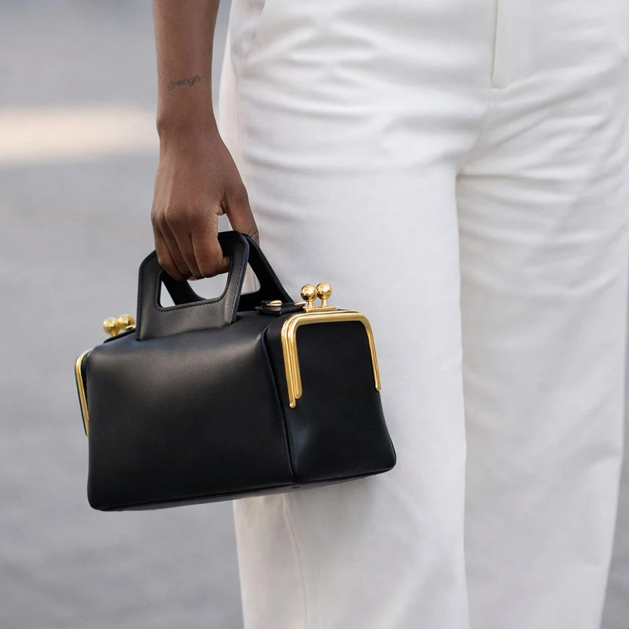 Alirattan 2026 New Arrival Women Black Retro Handle Handbag, Luxury Designer Gold Hardware Structured Shoulder Crossbody Bag