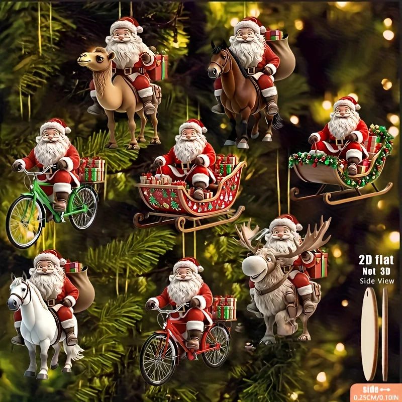 8pcs Different Riding Tools 2D Flat Santa Claus Wooden Ornament Set - Perfect for Christmas Trees and Holiday Home Decorations