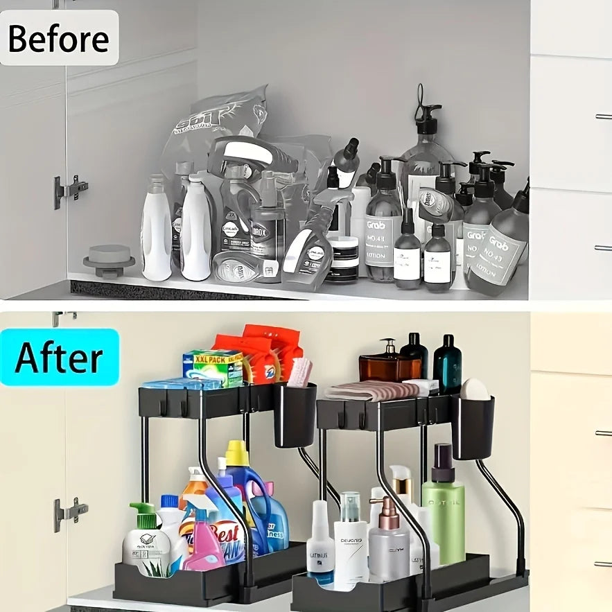 Organizador de 2 niveles que ahorra espacio para debajo del fregadero, caja de almacenamiento extraíble, cajón organizador duradero y de gran capacidad, esencial para cocina y baño