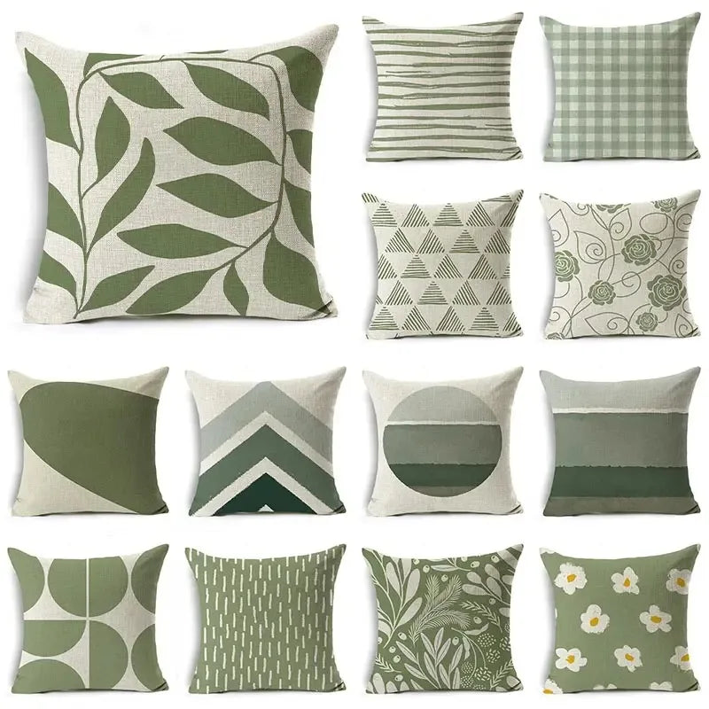 Green Patterned Decorative Cushion Cover, Floral Pillow Cover for Car, Sofa, and Home Decor