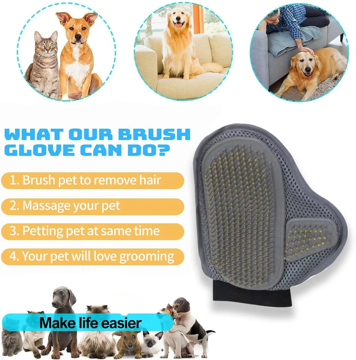 Gant de toilettage pour animaux, gant d'épilation pour chiens et chats, accessoire de brossage doux et efficace, produit de massage et de bain pour animaux