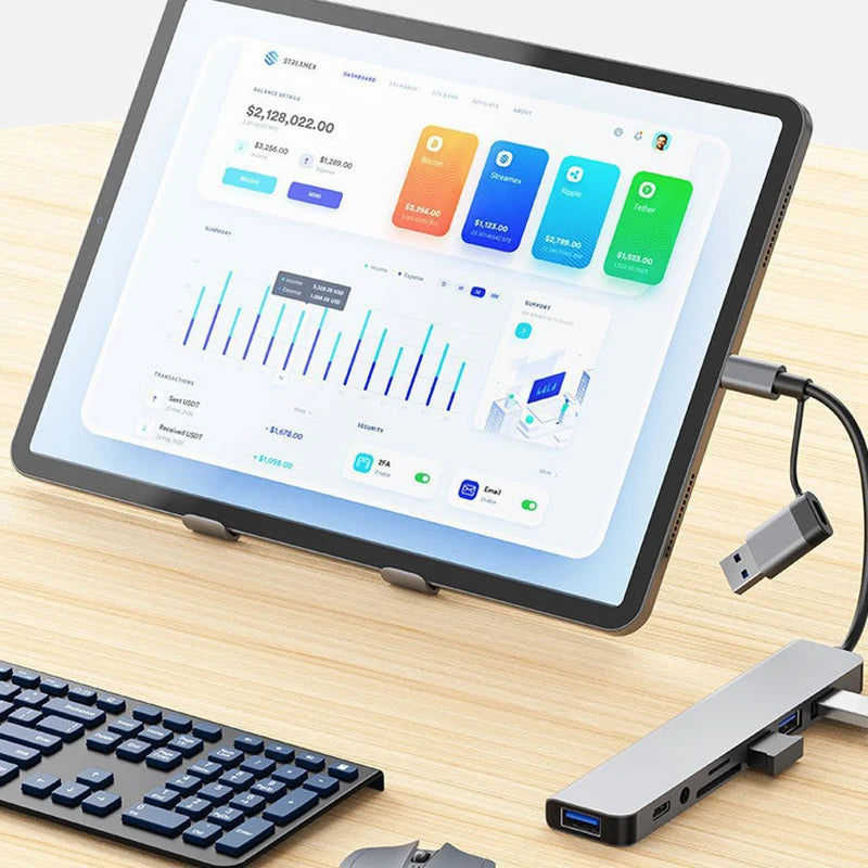 Concentrateur USB-A et USB-C avec audio 3,5 mm et lecteur de cartes SD/TF