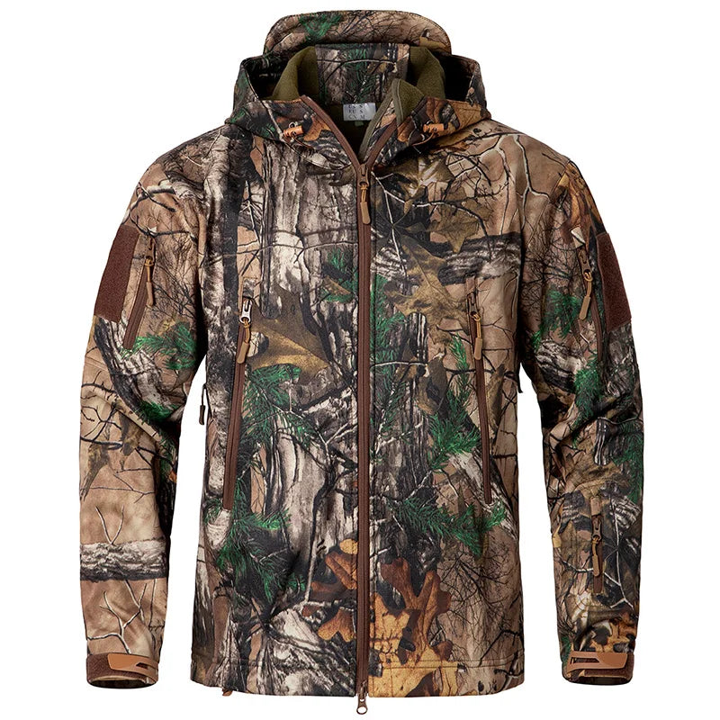 Giacca softshell mimetica da uomo con cappuccio