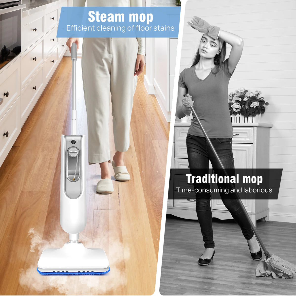 Mopa vaporizadora White Home 1500 W, vaporizador de suelos de 2 velocidades con mango extraíble para baldosas y madera