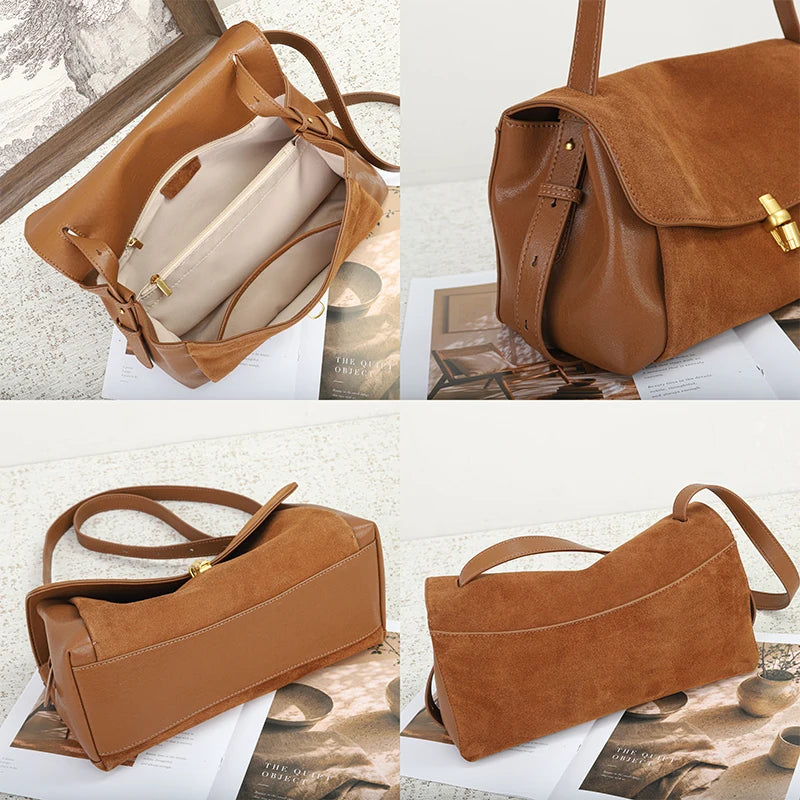 Genuine Suede Women's Bag 2026 Luxury Designer Shoulder Bags Flap Lock Lady Tote Handbag Natural Real Leather Commute Bags Woman