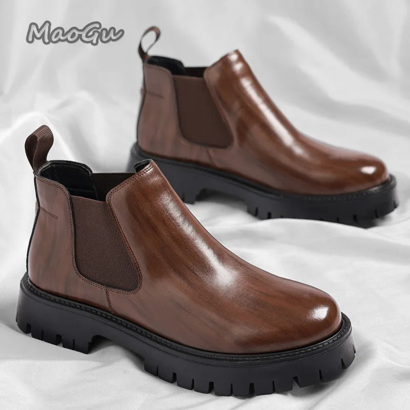 Vintage Herren-Chelsea-Stiefeletten in Braun, glänzendes Leder, Schlupfschuhe mit dicker, rutschfester Sohle, kurze Stiefel für Herren, Herbst, schwarz