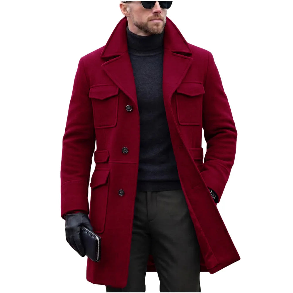 2026 Autumn Winter Woolen Coats Men Solid Color Turn Down Collar Single Breasted Multi Pocket Smart Casual Trench Outerwear Man