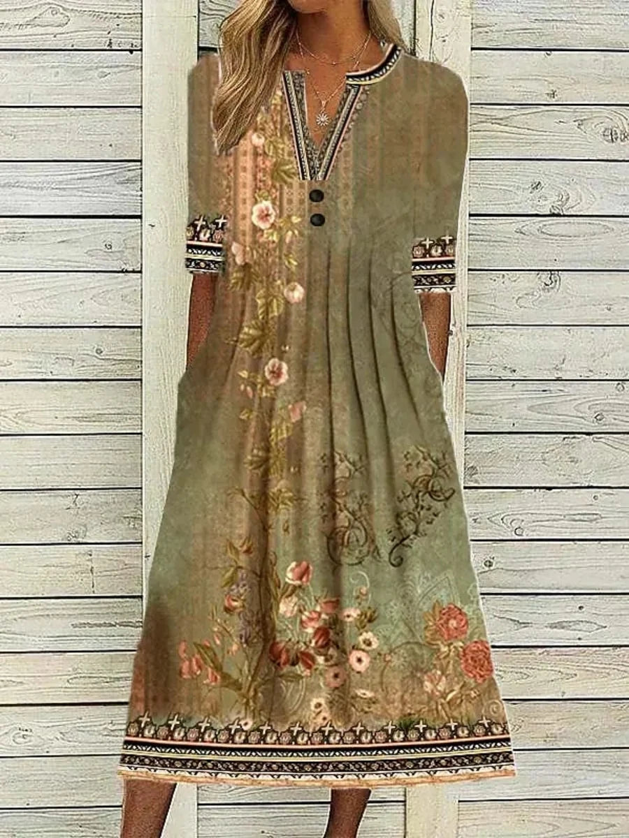 Abito midi stampato da donna con scollo a V e maniche corte
