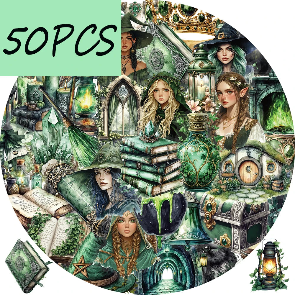 50 Stück Aufkleber aus der Forest-Witch-Serie, geeignet zum Verzieren von Wasserflaschen, Laptops und Aufbewahrungsboxen, wasserfeste PET-Aufkleber