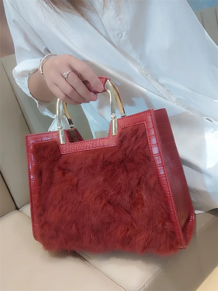 Genuine Leather Women's Handbag Luxury Fashion Real Rabbit Hair Single Shoulder Messenger Bag Large Capacity Portable Tote Bags