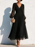 Damen-Midikleid mit langen Ärmeln und V-Ausschnitt