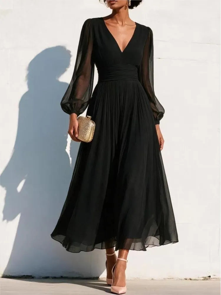 Damen-Midikleid mit langen Ärmeln und V-Ausschnitt