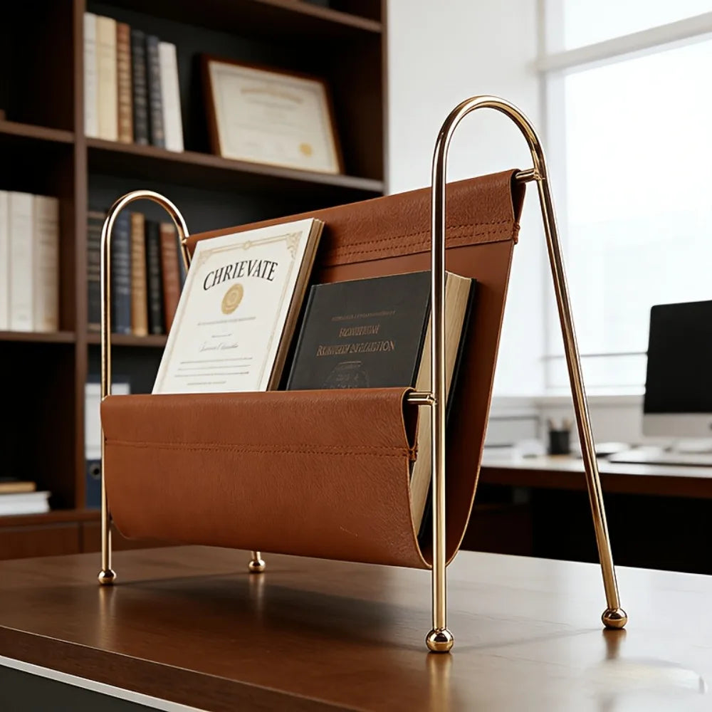 Organizador de escritorio y soporte de almacenamiento moderno para el hogar, con estructura metálica dorada, para guardar accesorios pequeños.