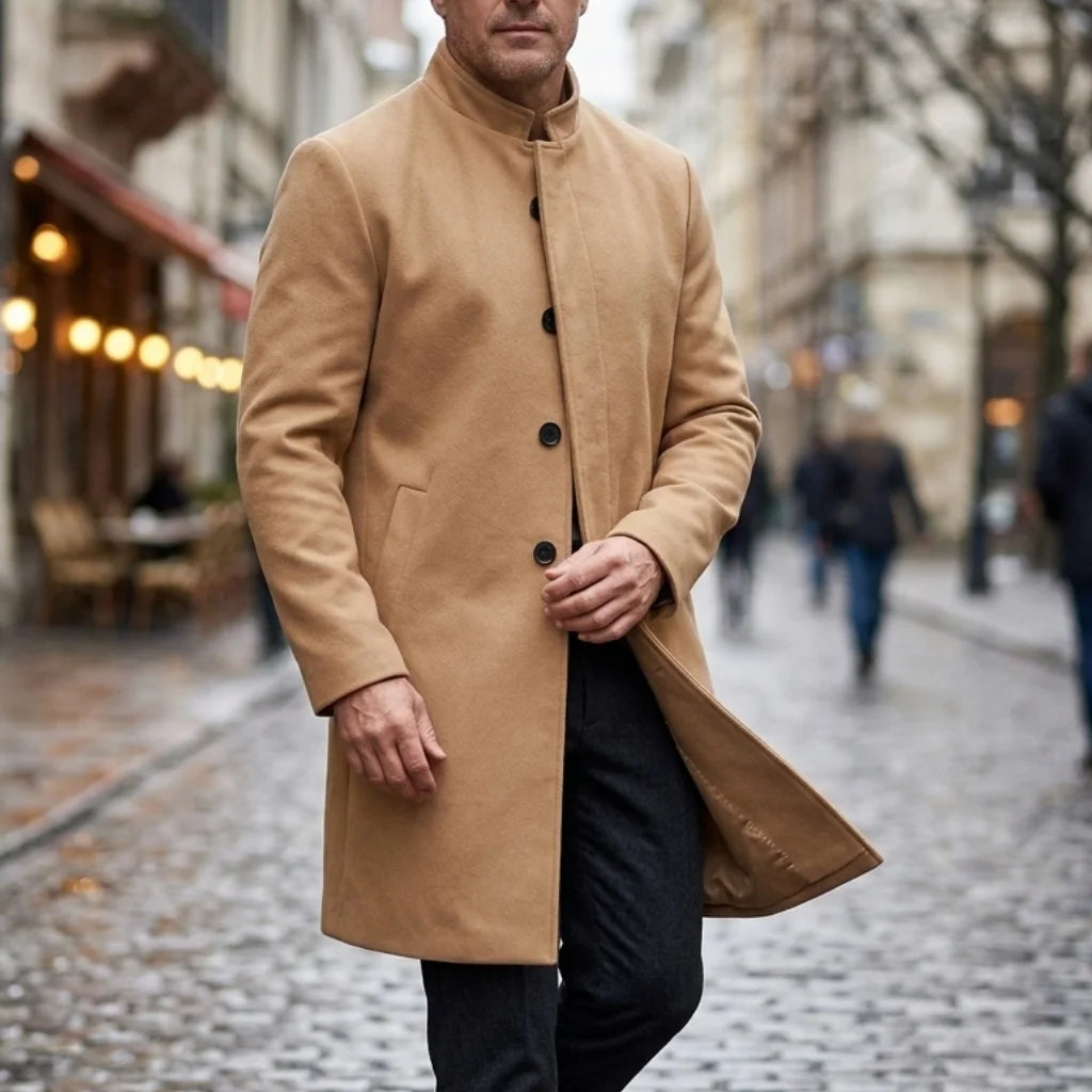 New Winter Men's Single-Breasted Invisible Button Trench Coat Knee-Length Fit Casual Streetwear Business-Appropriate Warm Jacket