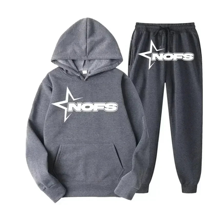 Ensemble streetwear NOFS noir imprimé étoiles avec sweat à capuche et pantalon de jogging, pour hommes et femmes