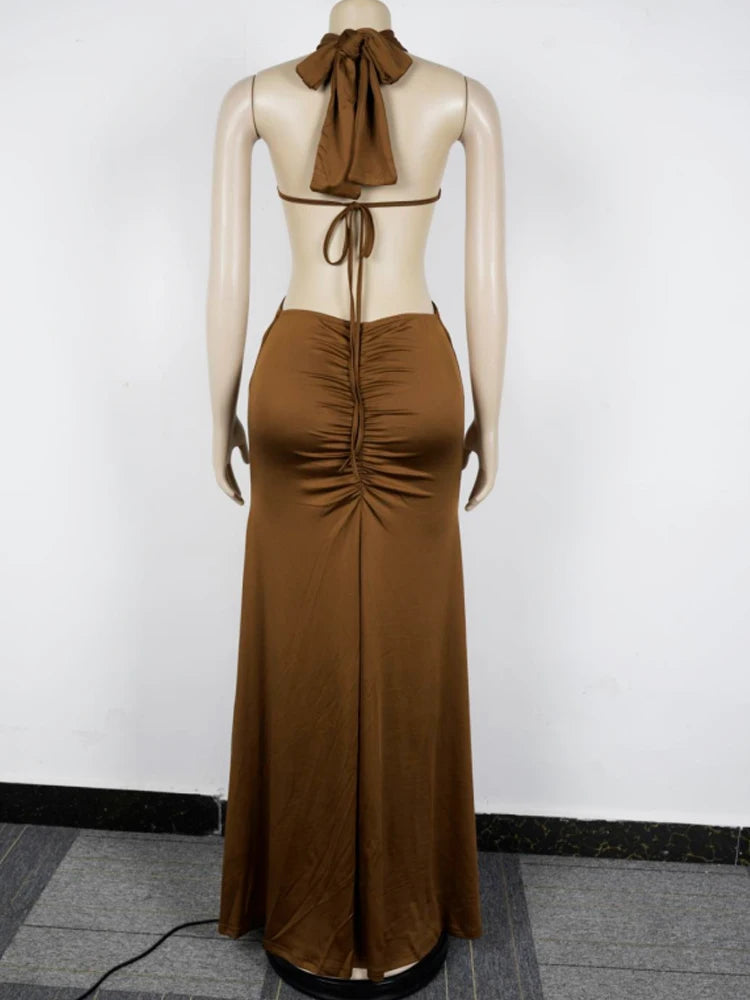 Beyprern Neues schickes Neckholder-Maxikleid mit V-Ausschnitt, O-Ringen, Glamour, sexy rückenfreiem Design, Raffungen und hohem Schlitz, Partykleid, Geburtstagsoutfit
