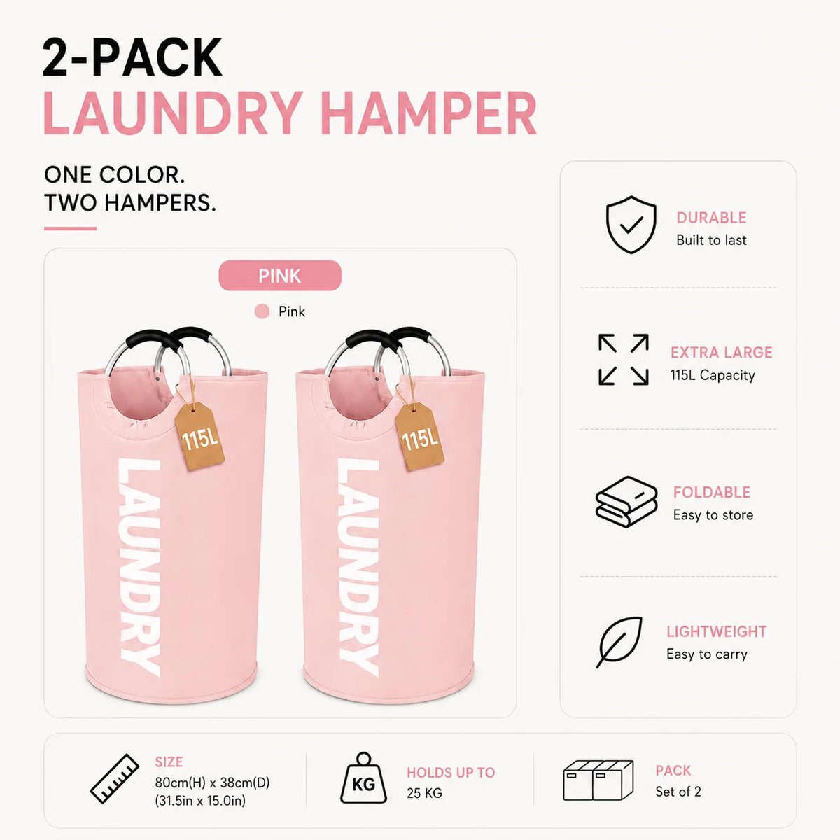 2 Pack 115L Extra Large Laundry Hamper, Foldable Laundry Basket with Soft Padded Handles, Freestanding Collapsible Laundry Bag for Clothes Storage, Bedroom, Bathroom, Dorm & Laundry Room