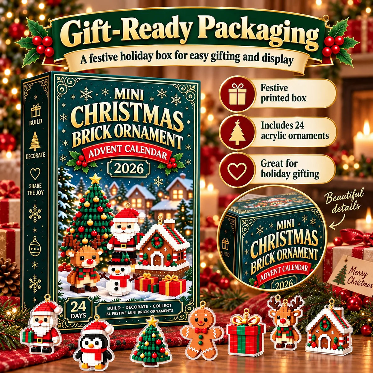 2026 Christmas Advent Calendar 24 Day Countdown Mini Christmas Ornaments Mystery Box Holiday Decor Surprise Gift Collection