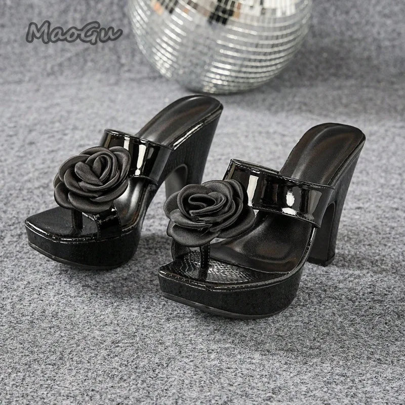 Schwarze Plateausteg-Mules mit Absatz für Damen, Sandaletten mit offener Spitze und hohem Absatz, modische Damenschuhe für draußen, Größe 43