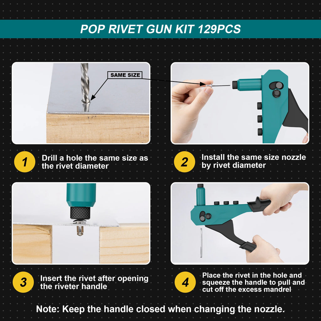 Rivet Gun Kit, Pop Rivet Gun, Heavy Duty Rivet Tool, Professional Hand Riveter, Manual Riveting Tool with 120 Blind Rivets, 4 HSS Drill Bits, 4 Tool-free Interchangeable Heads