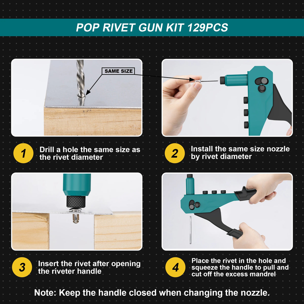 Rivet Gun Kit, Pop Rivet Gun, Heavy Duty Rivet Tool, Professional Hand Riveter, Manual Riveting Tool with 120 Blind Rivets, 4 HSS Drill Bits, 4 Tool-free Interchangeable Heads