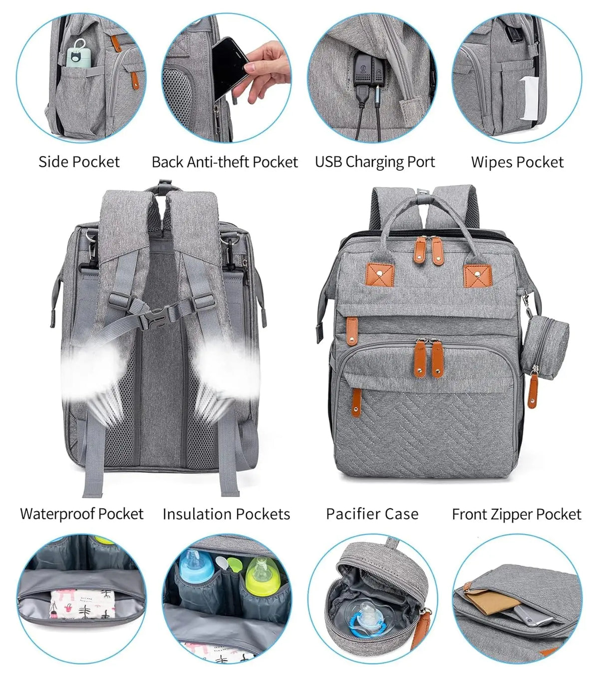 3 In 1 Diaper Bag Backpack Foldable Baby Bed Waterproof Travel Bag with USB Charge Diaper Bag Backpack with Changing Bed 3 Types