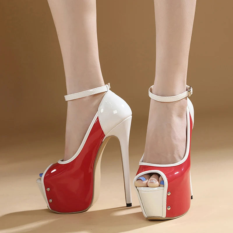 Scarpe peep toe donna Liyke rosse e bianche con plateau
