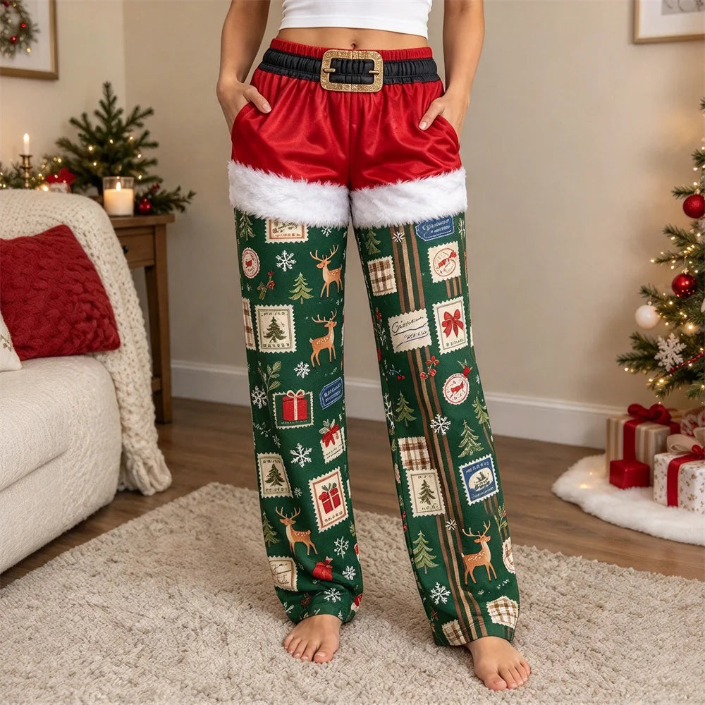 Weihnachtliche Damen-Haushosen mit weitem Bein