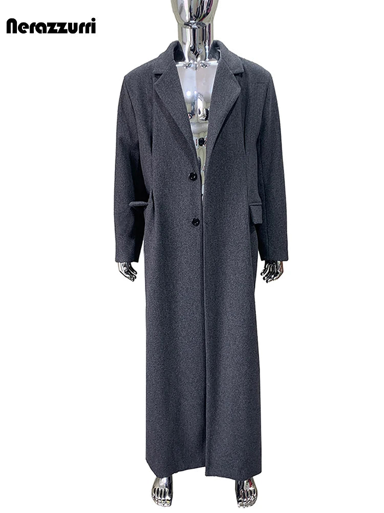 Nerazzurri Autumn Winter Extra Long Warm Fitted Grey Wool Blends Coat Men Luxury Floor Length Woolen Overcoat Menswear Clothes